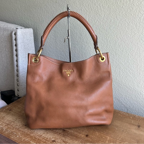 Prada Handbags - PRADA Vitello Daino Large Braided Handle Hobo Tote Saddle Brown Leather